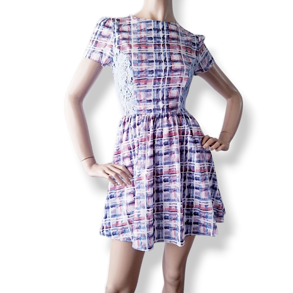 Retro Blue Red Square Window Pane Watercolor & Lace Panel Dress Size Small
